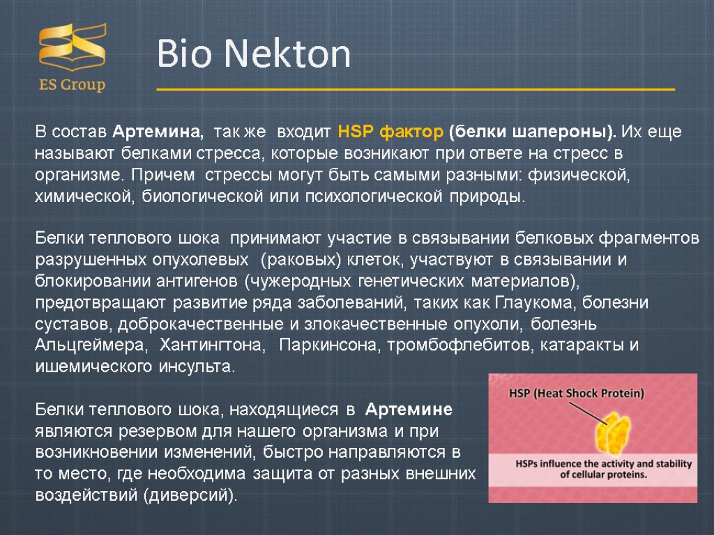 Bio Nekton В состав Артемина, так же входит HSP фактор (белки шапероны). Их еще